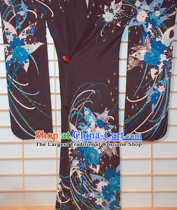 Japanese Classical Peony Butterfly Pattern Black Furisode Kimono Japan Traditional Yukata Dress Costume for Women