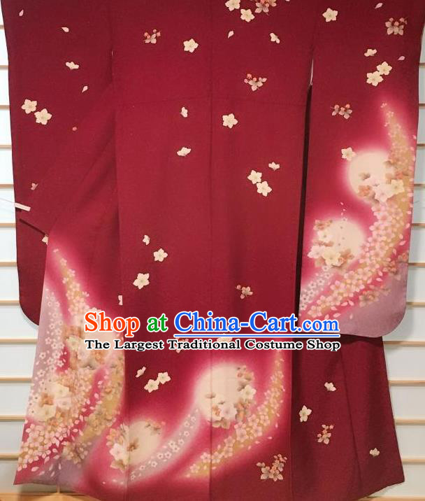 Japanese Classical Sakura Pattern Wine Red Furisode Kimono Japan Traditional Yukata Dress Costume for Women
