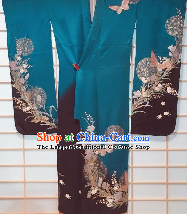 Traditional Japanese Peacock Blue Furisode Kimono Japan Classical Butterfly Pattern Yukata Dress Costume for Women