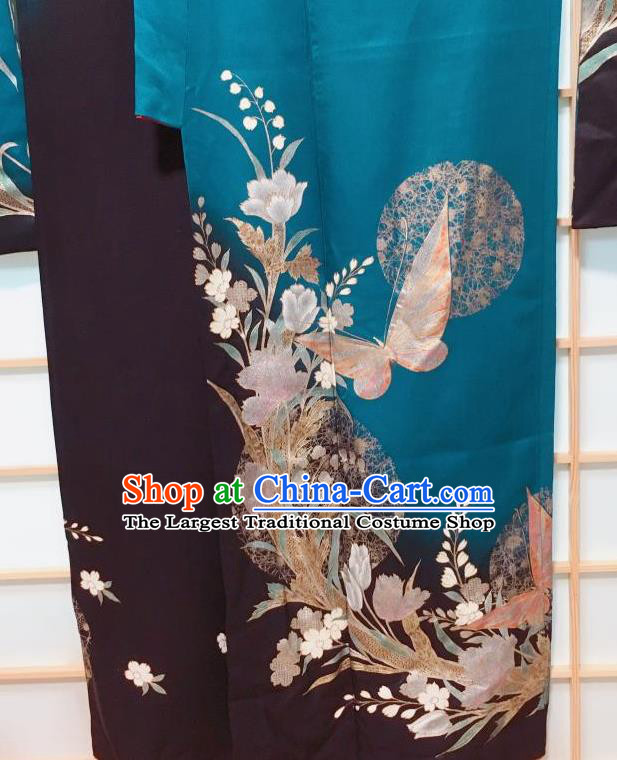 Traditional Japanese Peacock Blue Furisode Kimono Japan Classical Butterfly Pattern Yukata Dress Costume for Women