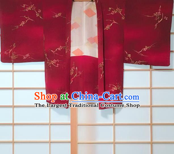 Japanese Traditional Plum Blossom Pattern Wine Red Haori Jacket Japan Kimono Overcoat Costume for Women