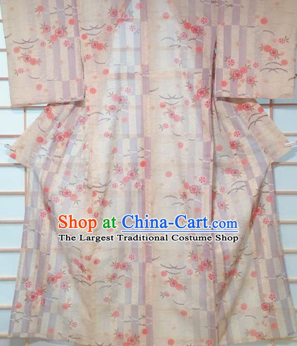 Japanese Classical Sakura Pattern Apricot Kimono Japan Traditional Yukata Dress Costume for Women