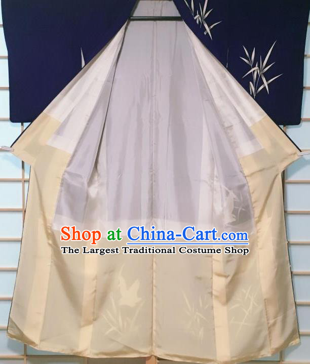 Traditional Japanese Deep Blue Tsukesage Kimono Japan Classical Reed Egret Pattern Yukata Dress Costume for Women