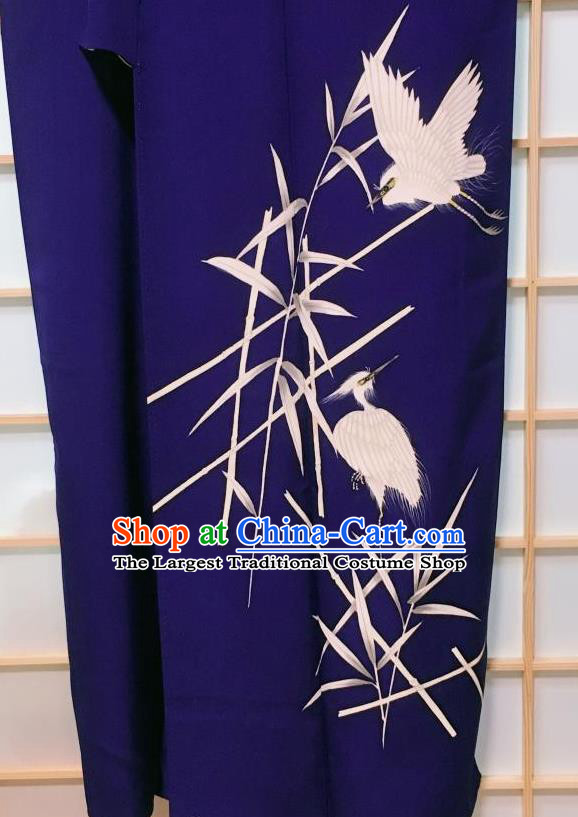 Traditional Japanese Deep Blue Tsukesage Kimono Japan Classical Reed Egret Pattern Yukata Dress Costume for Women