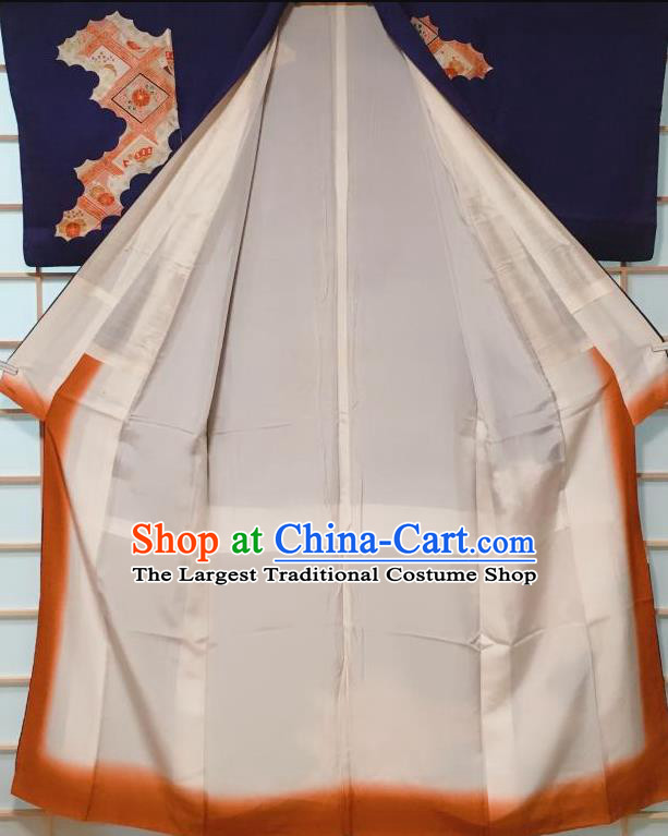 Traditional Japanese Navy Silk Tsukesage Kimono Japan Classical Butterfly Pattern Yukata Dress Costume for Women