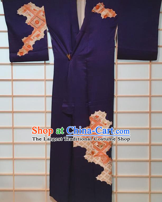 Traditional Japanese Navy Silk Tsukesage Kimono Japan Classical Butterfly Pattern Yukata Dress Costume for Women