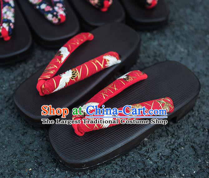 Traditional Japanese Crane Bamboo Pattern Red Slippers Geta Asian Japan Clogs Zori Shoes for Women
