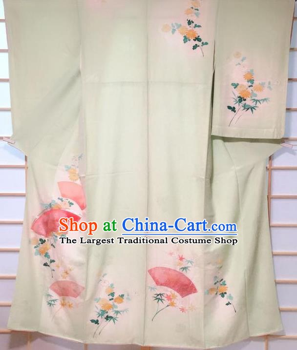 Traditional Japanese Light Green Tsukesage Kimono Japan Classical Chrysanthemum Fan Pattern Yukata Dress Costume for Women