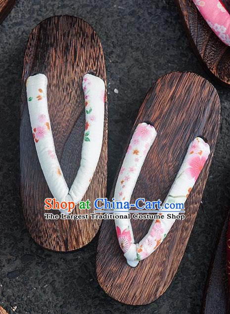 Traditional Japanese Classical Sakura Pattern White Flip Flops Slippers Geta Asian Japan Clogs Shoes for Women