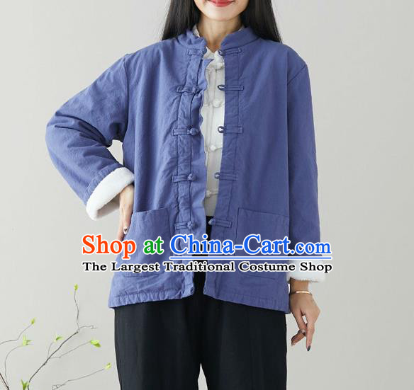 Traditional Chinese Tang Suit Blue Cotton Padded Jacket Li Ziqi Costume for Women