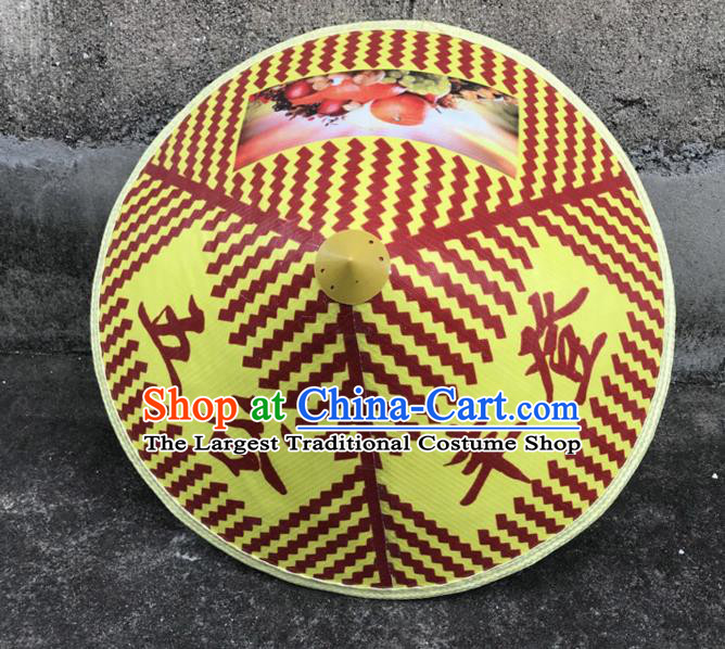 Handmade Chinese Printing Yellow Straw Hat Traditional Bamboo Hat Craft