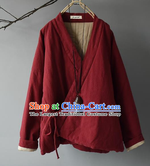 Traditional Chinese Tang Suit Red Cotton Padded Jacket Blogger Li Ziqi Flax Overcoat Costume for Women