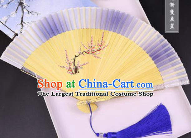 Chinese Traditional Painting Plum Blue Folding Fans Hand Bamboo Accordion Fan