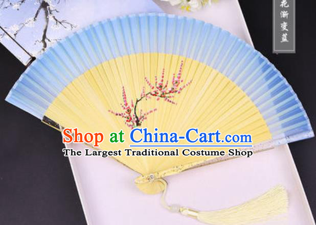 Chinese Traditional Painting Plum Light Blue Folding Fans Hand Bamboo Accordion Fan