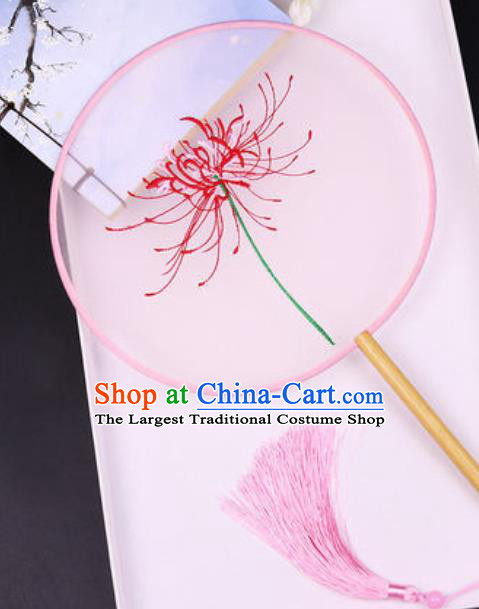Chinese Traditional Embroidered Manjusaka Pink Palace Fans Handmade Silk Round Fan for Women