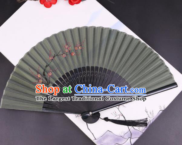Chinese Traditional Painting Plum Atrovirens Silk Folding Fans Handmade Accordion Classical Dance Bamboo Fan