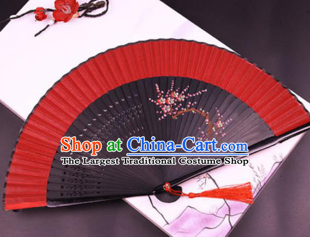 Chinese Traditional Painting Plum Red Silk Folding Fans Handmade Accordion Classical Dance Bamboo Fan