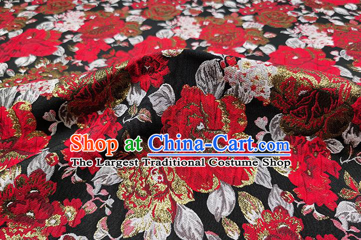 Chinese Classical Roses Pattern Design Black Brocade Fabric Asian Traditional Hanfu Satin Material