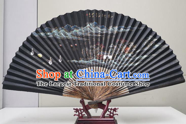 Traditional Chinese Printing West Lake Scenery Black Paper Folding Fan China Bamboo Fan Oriental Fan