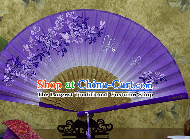 Traditional Chinese Printing Vine Flowers Purple Flax Fan China Bamboo Accordion Folding Fan Oriental Fan