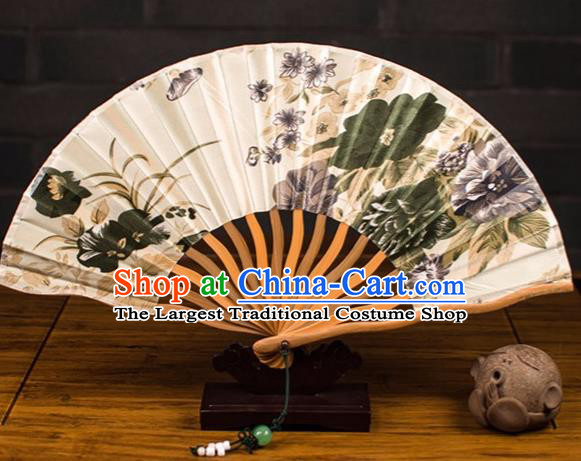 Traditional Chinese Printing Summer Lotus Silk Fan China Bamboo Accordion Folding Fan Oriental Fan