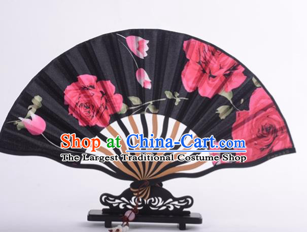 Traditional Chinese Printing Rose Black Silk Fan China Bamboo Accordion Folding Fan Oriental Fan