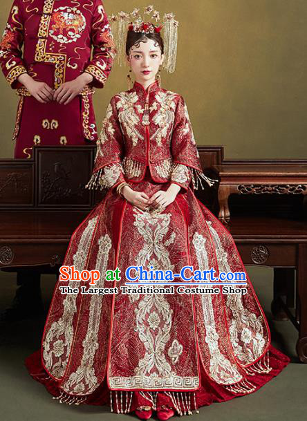 Chinese Traditional Embroidered Purplish Red Xiuhe Suits Wedding Dress Ancient Bride Costume for Women