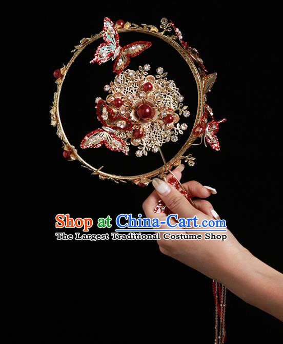 Chinese Traditional Red Butterfly Palace Fans Handmade Classical Hanfu Wedding Fan for Women