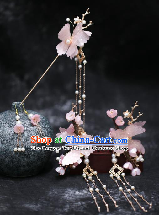 Chinese Traditional Hanfu Pink Silk Butterfly Hairpins and Hair Claws Hair Accessories Complete Set for Women