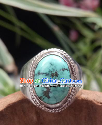 Chinese Zang Nationality Turquoise Rings Handmade Traditional Tibetan Ethnic Jewelry Accessories for Women