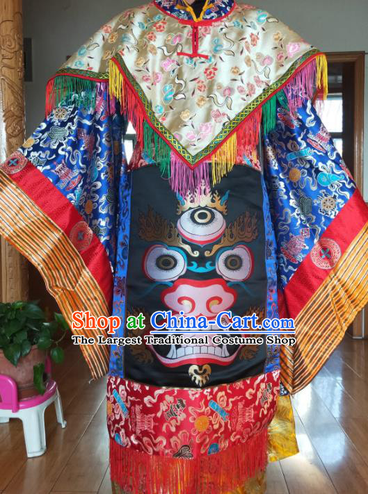 Chinese Zang Nationality Priest Royalblue Costumes Traditional Tibetan Ethnic Folk Dance Clothing Complete Set