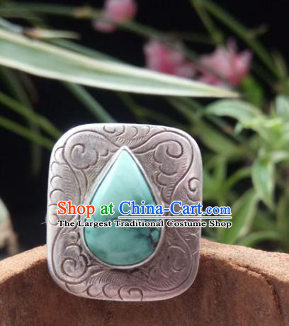 Chinese Zang Nationality Kallaite Silver Rings Handmade Traditional Tibetan Ethnic Jewelry Accessories for Women