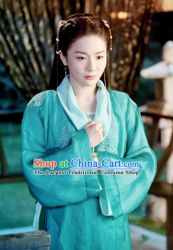 Chinese Drama Devastating Beauty Ancient Patrician Lady Cheng Yelan Blue Costume and Headpiece for Women