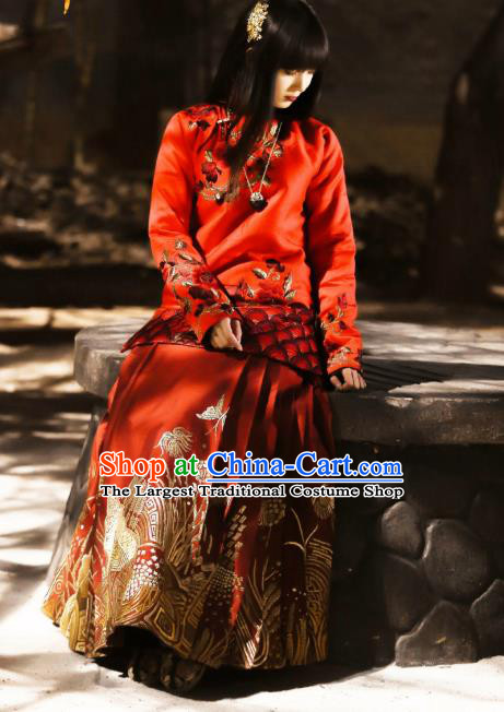 Chinese Ancient Fairy Costume Drama WuXin The Monster Killer Yue Qiluo Qing Dynasty Red Dress and Headpiece for Women