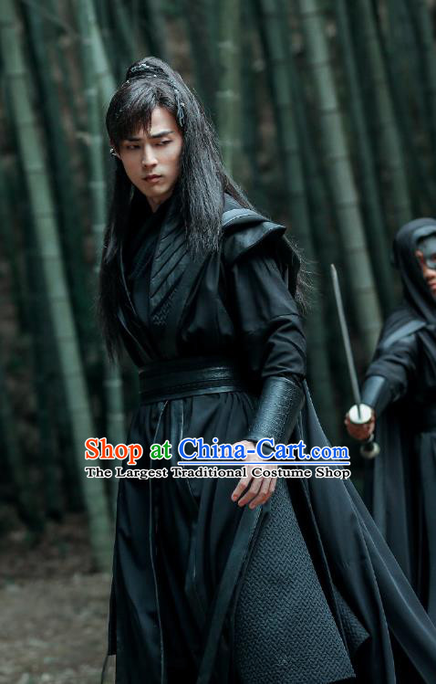 Chinese Ancient Swordsman Su Fu Black Clothing Historical Drama Miss Truth Tang Dynasty Costume and Headpiece for Men