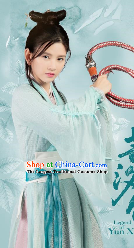 Chinese Ancient Swordswoman Ning Jing Green Hanfu Dress Drama Legend of Yun Xi Costume and Headpiece for Women