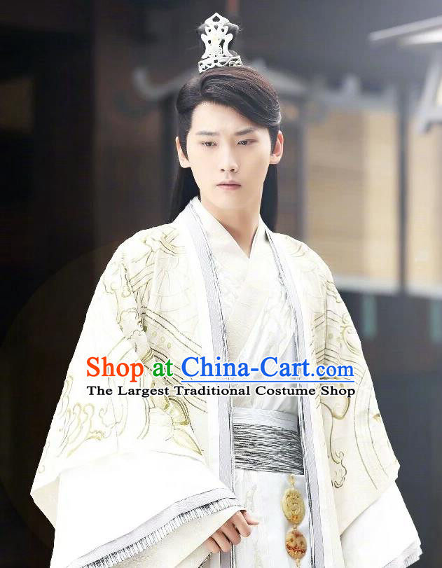 Chinese Ancient Royal Prince Mo Liancheng White Clothing Historical Drama The Eternal Love Costume and Headwear for Men