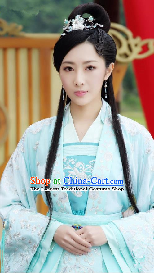 Chinese Historical Drama The Eternal Love Ancient Princess Consort Qu Pan Er Blue Costume and Headpiece for Women
