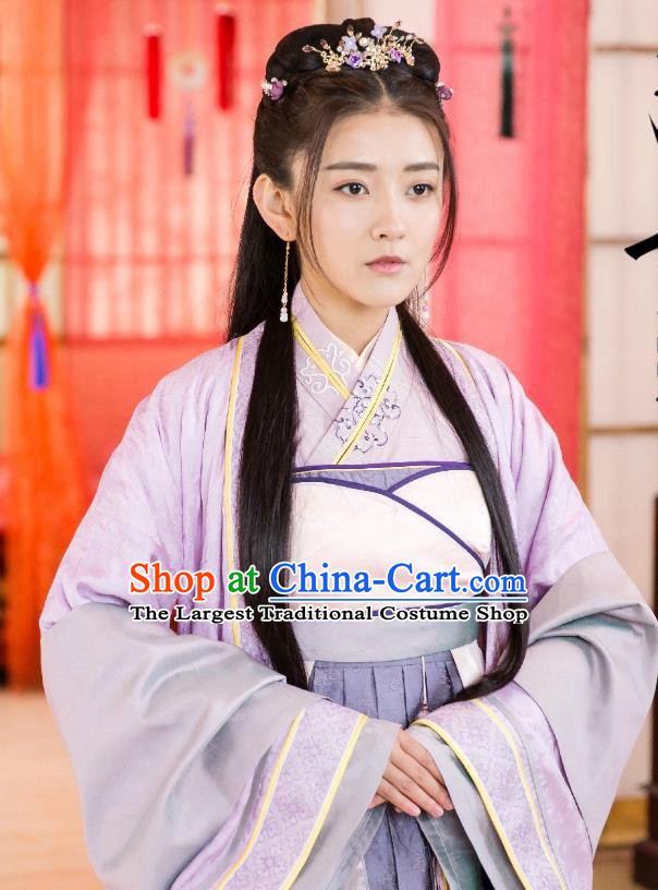 Chinese Historical Drama The Eternal Love Ancient Noble Lady Qu Tan Er Purple Costume and Headpiece for Women