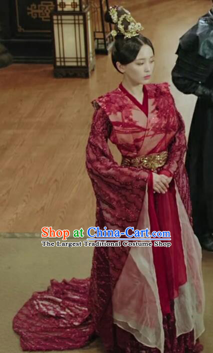 Chinese Ancient Imperial Consort Ban Ling Er Red Hanfu Dress Historical Drama Legend of the Phoenix Costume and Headpiece for Women