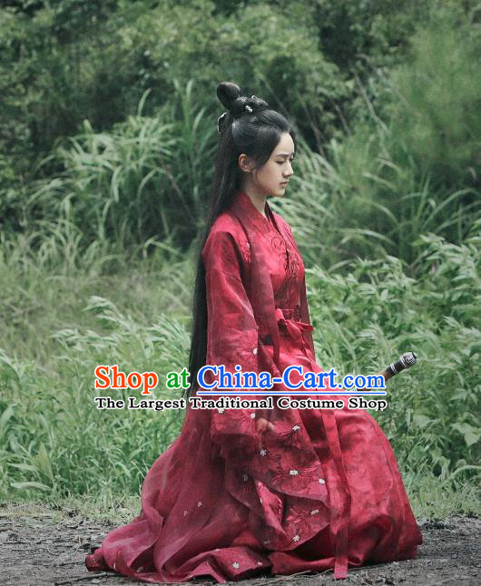 Chinese Ancient Demon Swordsman Shu Jingrong Red Hanfu Dress Historical Drama Listening Snow Tower Costume and Headpiece for Women