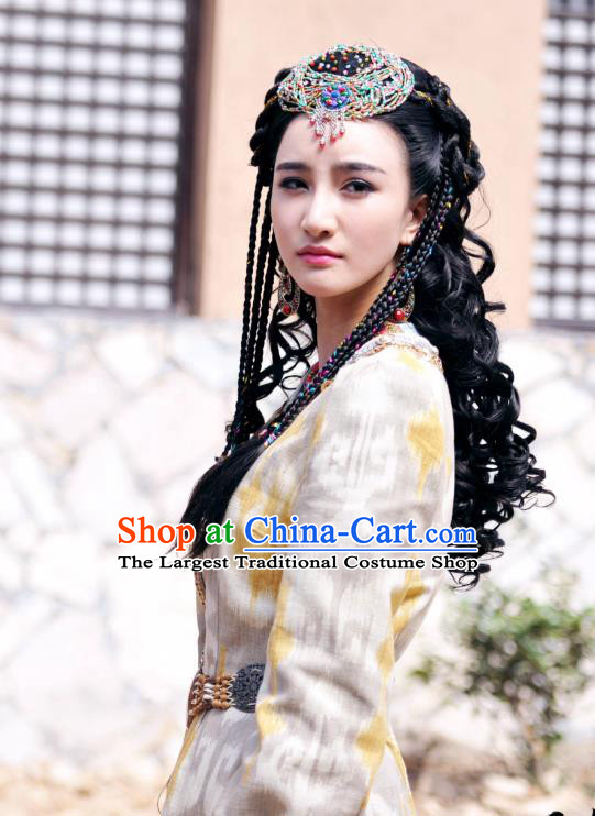 Chinese Ancient Tang Dynasty Persia Dancer Dress Historical Drama Dagger Mastery Sai Ma Costume and Headpiece for Women