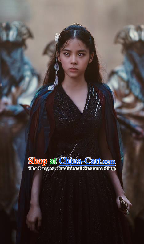 Chinese Ancient Goddess Luo Li Black Dress Historical Drama The Great Ruler Costume and Headpiece for Women
