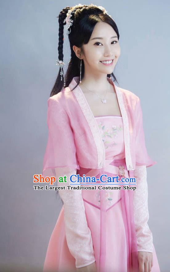 Chinese Ancient Young Lady Sheng Sheng Pink Dress Historical Drama Cinderella Chef Costume and Headpiece for Women