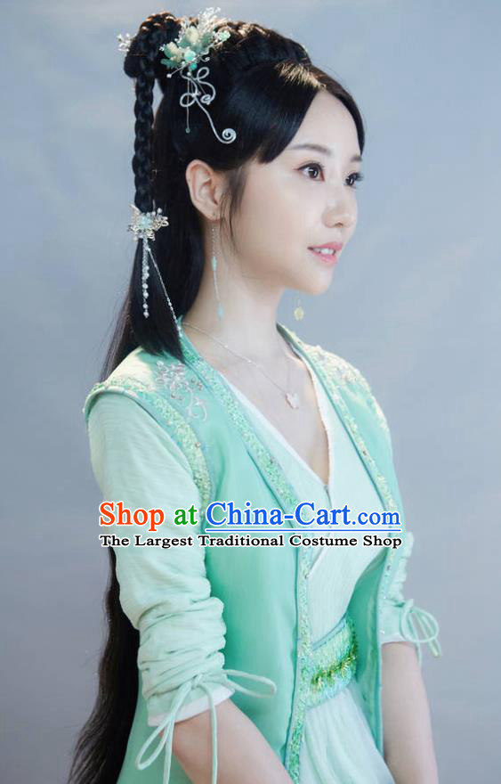 Chinese Ancient Young Lady Sheng Sheng Green Dress Historical Drama Cinderella Chef Costume and Headpiece for Women