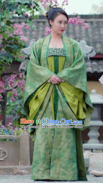Chinese Ancient Tang Dynasty Empress Wu Zetian Green Dress Historical Drama An Oriental Odyssey Costume and Headpiece for Women