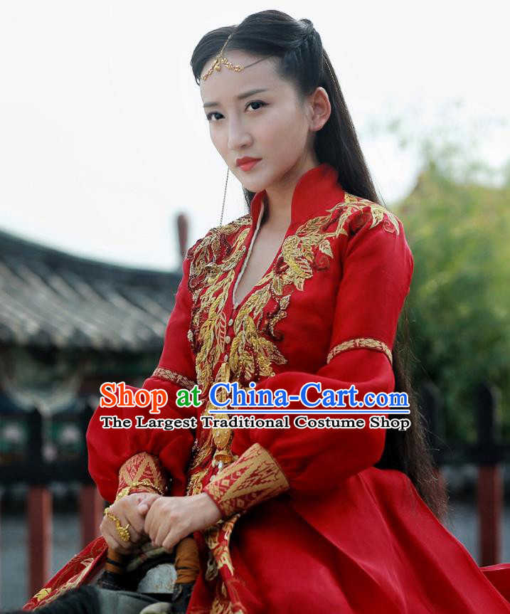 Chinese Ancient Ming Dynasty Female Swordsman Tian Miaowen Red Dress Historical Drama The Dark Lord Costume and Headpiece for Women