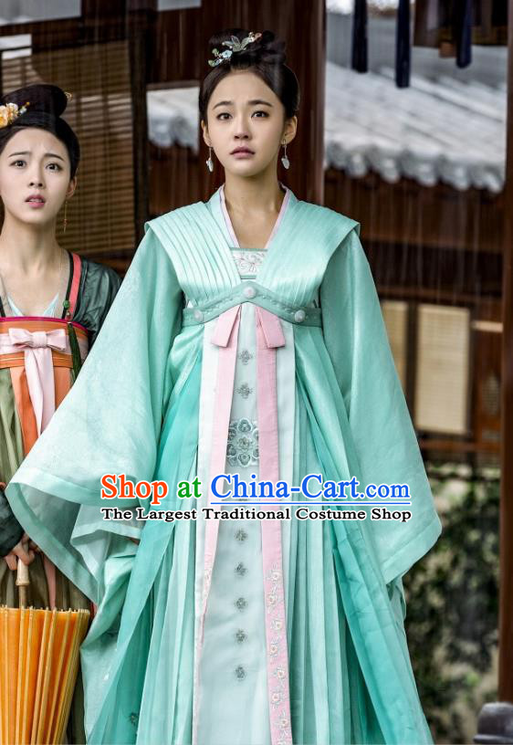 Chinese Ancient Court Princess Historical Costumes and Hair Accessories Drama Tang Dynasty Tour Li Anlan Green Hanfu Dress