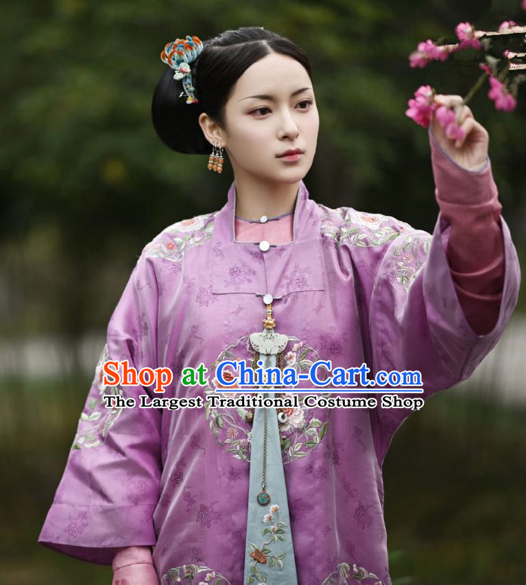 Chinese Ancient Garment Manchu Court Lady Lilac Qipao Dress and Hairpins Drama Dreaming Back to the Qing Dynasty Princess Consort Ming Hui Garment