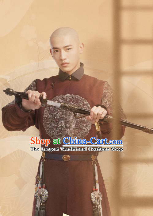 Chinese Ancient Manchu Costumes Fourteen Prince Garment Drama Dreaming Back to the Qing Dynasty Aisin Gioro Yinti Brown Gown Apparels